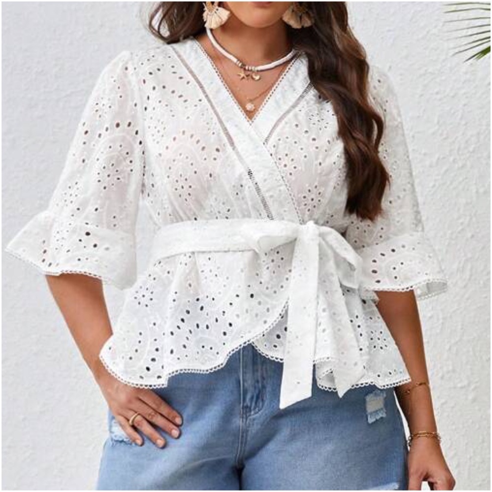 Plus White Eyelet Belted Blouse - Picture 1 of 5